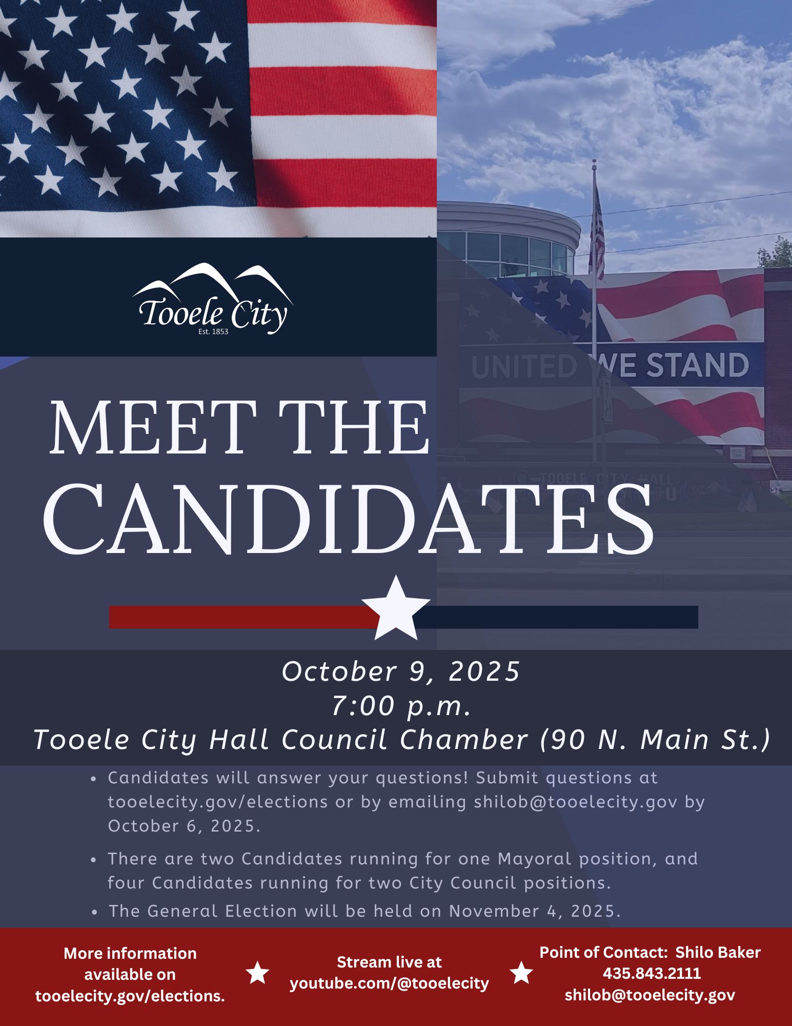 Red, white, and blue flyer for the Meet the Candidate Night on October 9.